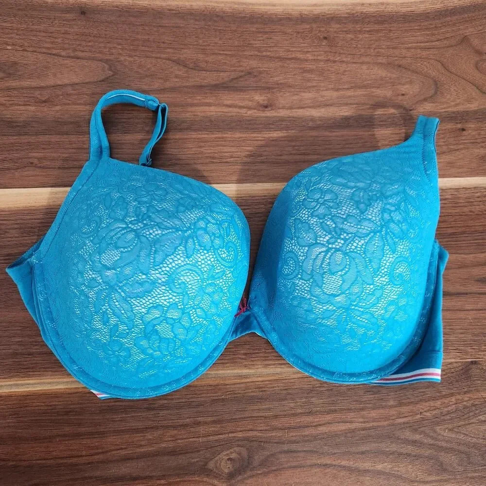 Cacique Lane Bryant Boost Plunge Bra Eyelet Lace Blue Size 44F